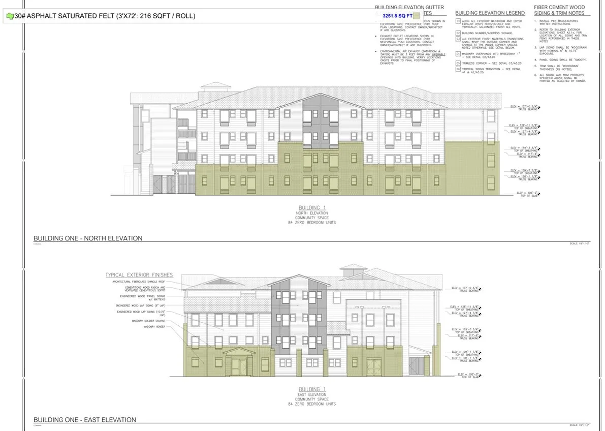 30 pound asphalt saturated felt takeoff on north and east building elevations: masonry veneer areas shaded olive and totaled at 3,251.8 square feet
