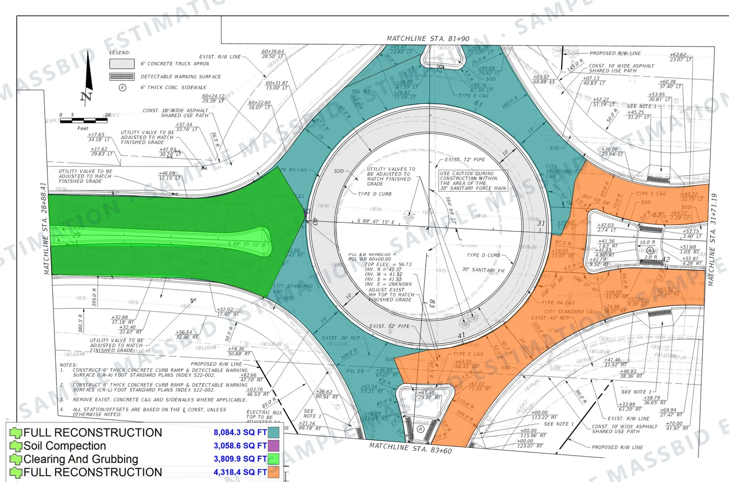 Roadway plan of a roundabout with the approach roads shaded in three colors and a legend listing two full reconstruction areas of 8,084.3 and 4,318.4 square feet, soil compaction and clearing and grubbing areas
