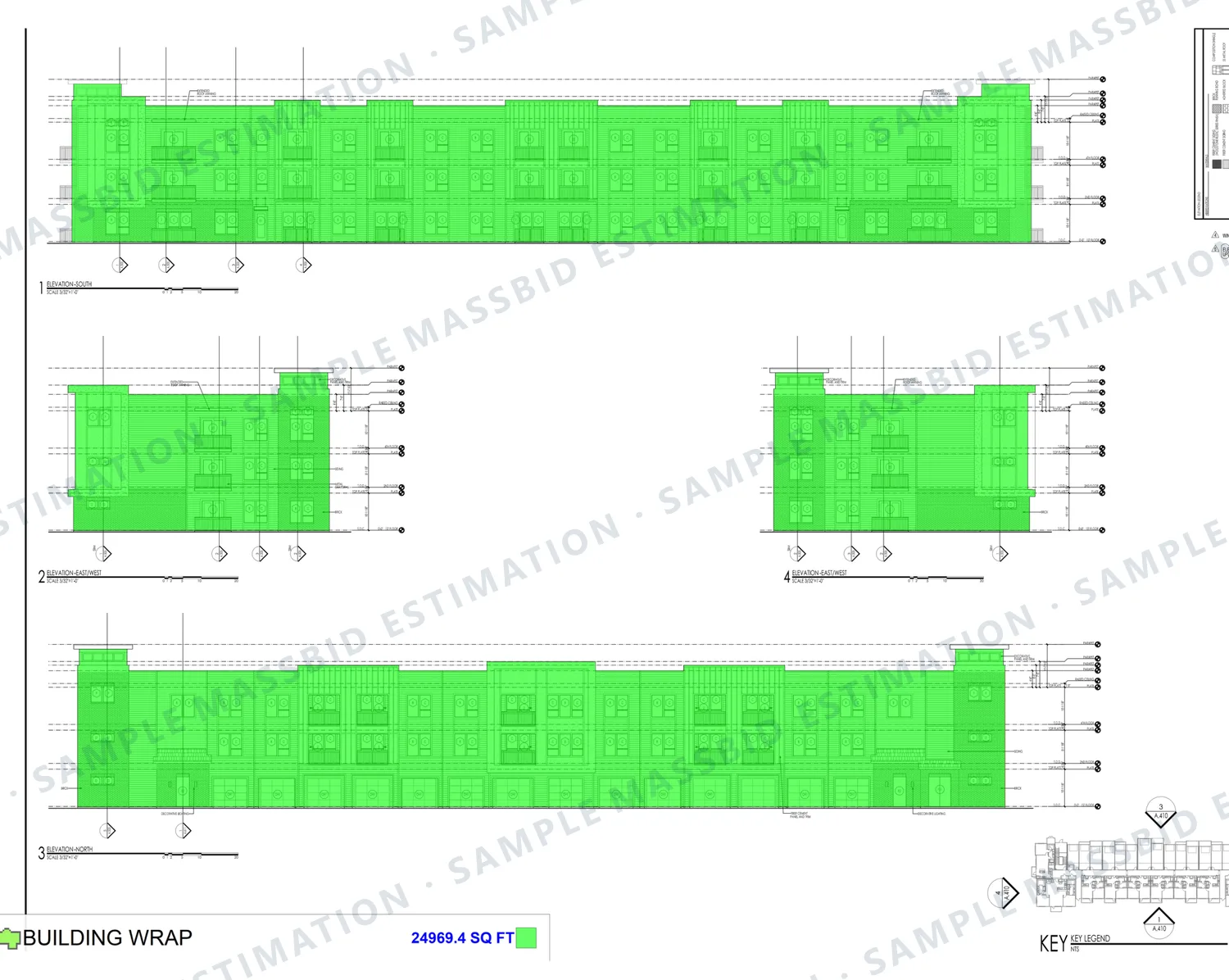 Exterior elevations of a three-story apartment building near Houston, Texas with the full wall area shaded green and a legend listing 24,969.4 square feet of building wrap