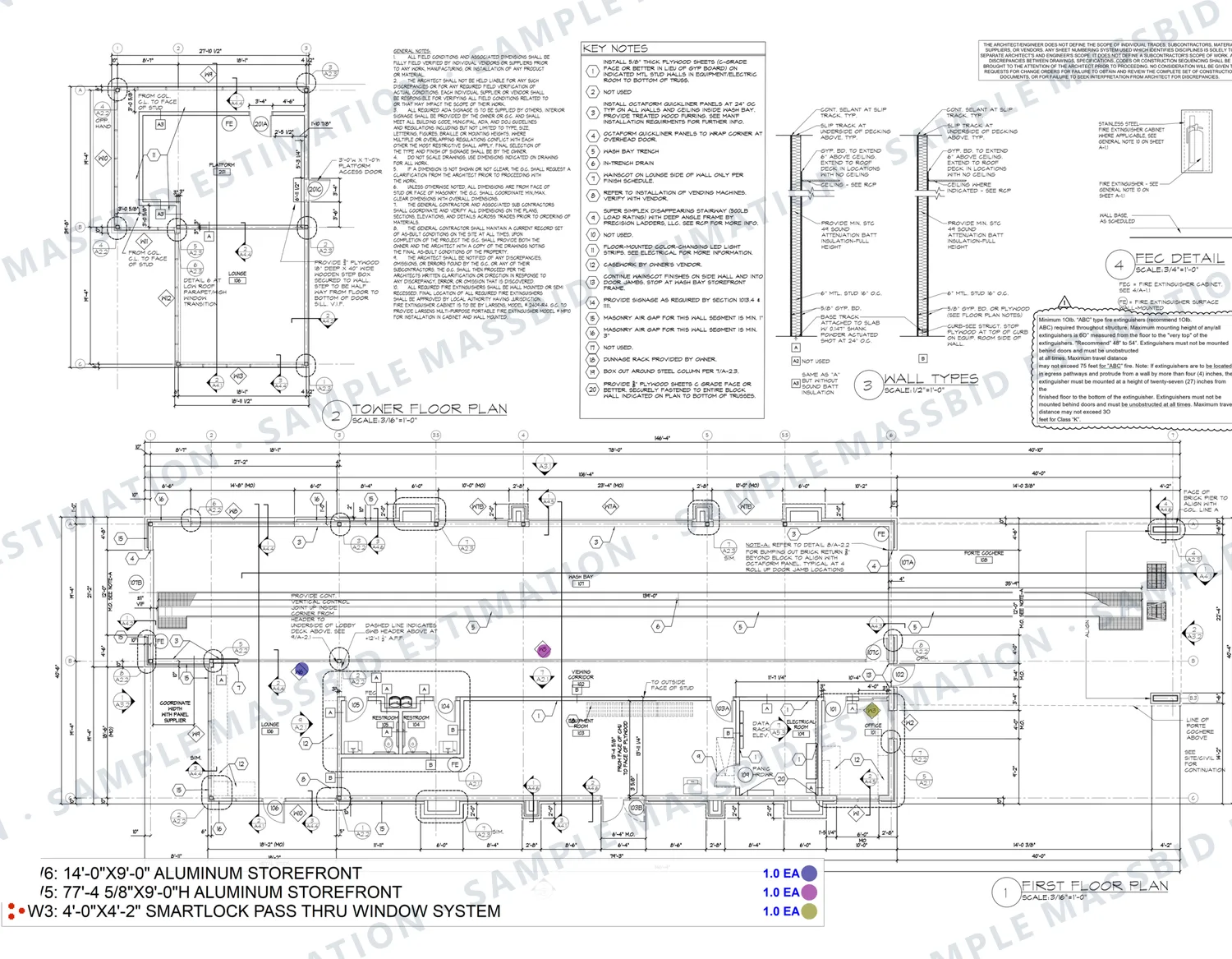 First-floor plan of a car wash building with long glazed walls dotted and a legend listing an aluminum storefront 77 feet 4 inches by 9 feet, another 14 feet by 9 feet and a pass-through window system