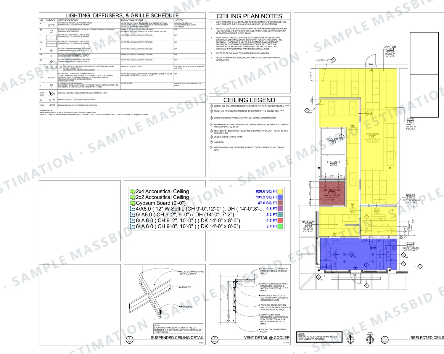 Reflected ceiling plan of a restaurant tenant space in Dallas, Texas with acoustical and gypsum board ceilings shaded in separate colors and a legend listing each area and four soffit runs