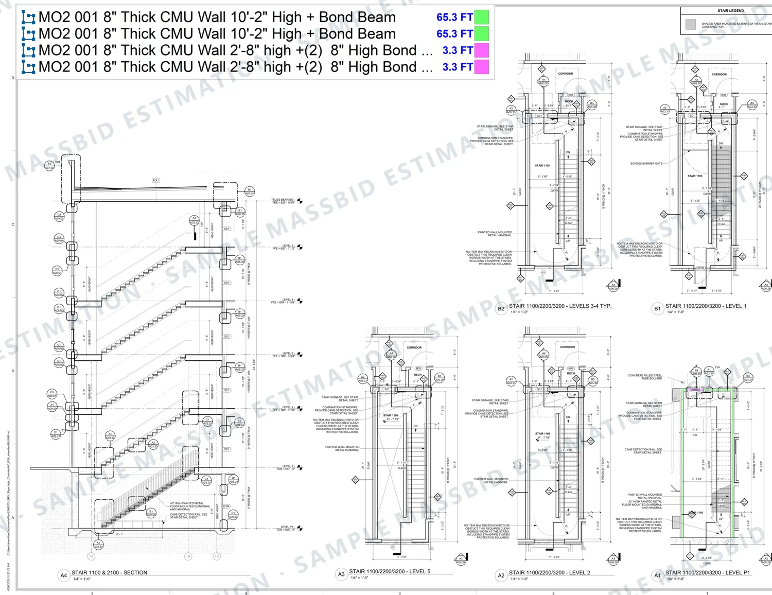 Stair section and floor-by-floor stair plans with the fire-rated CMU walls traced and a legend listing eight-inch CMU walls 10 feet 2 inches high with bond beams in linear feet