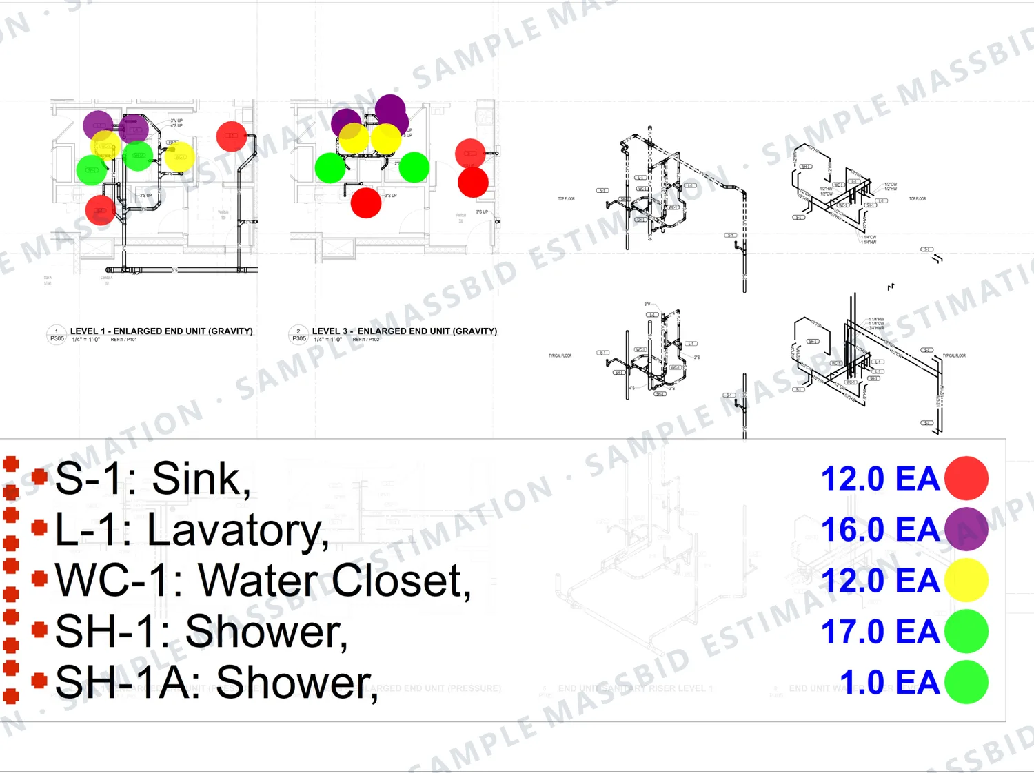 Enlarged plumbing plans and riser diagrams for hotel guest units with a colored dot on each fixture and a legend counting sinks, lavatories, water closets and showers for that unit type