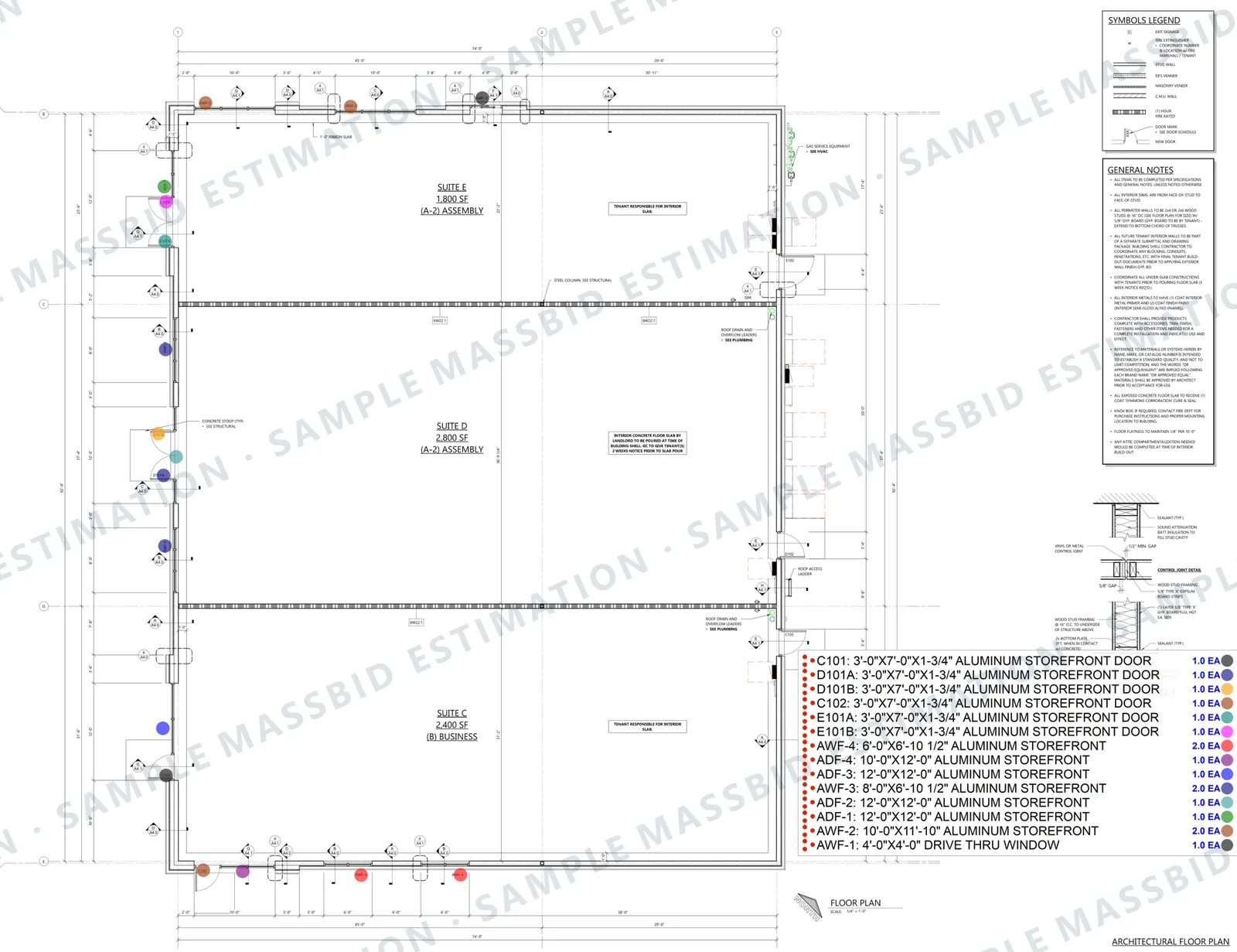 Floor plan of a three-tenant retail shell building with a colored dot at every aluminum storefront door and storefront frame and a legend counting each by mark and size, from 3 foot by 7 foot doors to 12 foot by 12 foot storefront units and a drive-through window
