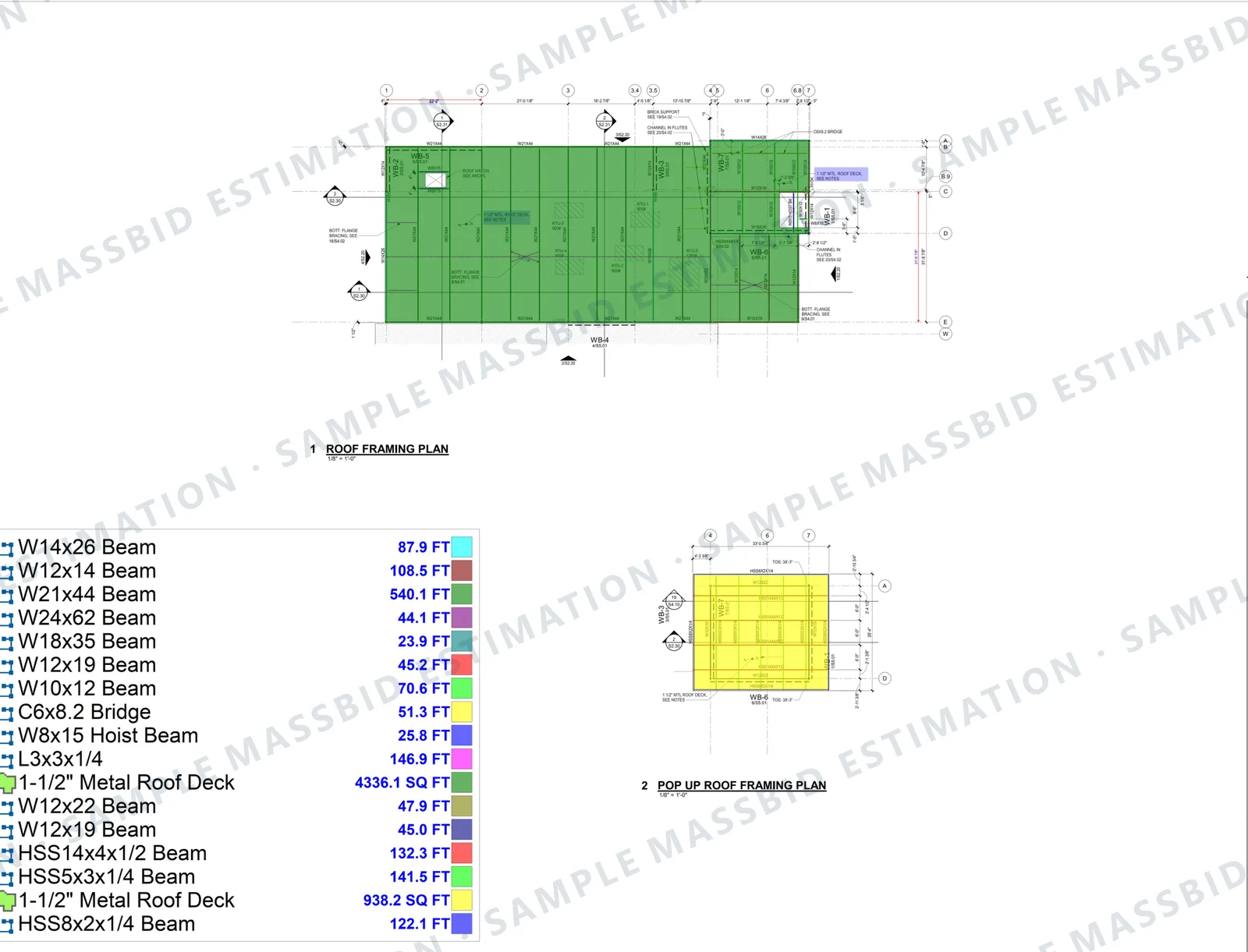 Roof framing plan of a clinic expansion with the roof deck shaded and a legend listing wide-flange beams by size in linear feet, including 540.1 feet of W21x44, HSS members, angles and 4,336 square feet of one and a half inch metal roof deck