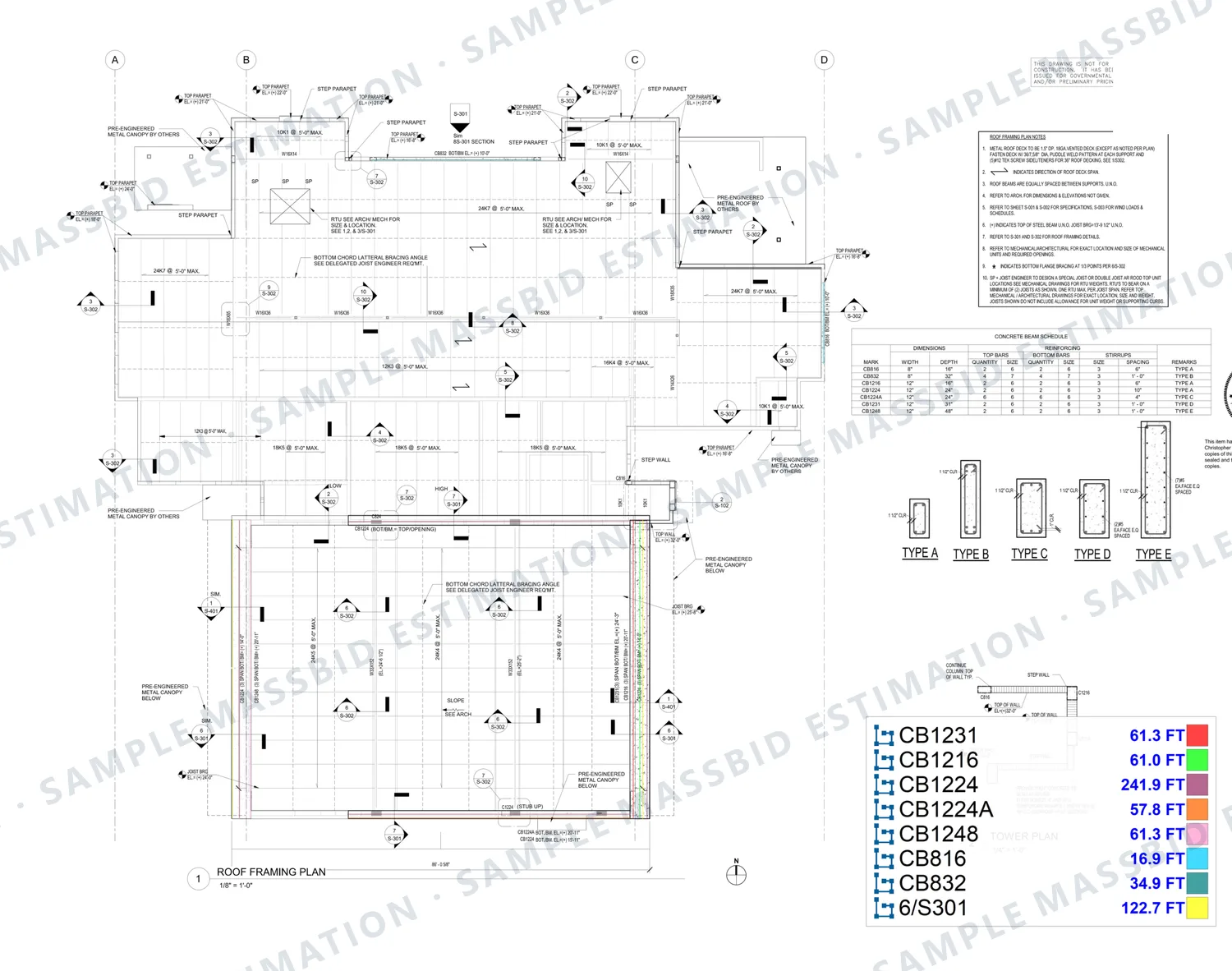 Roof framing plan of a fire station with concrete beams traced by mark and a legend listing eight beam lines in linear feet, the longest at 241.9 feet, beside the concrete beam schedule
