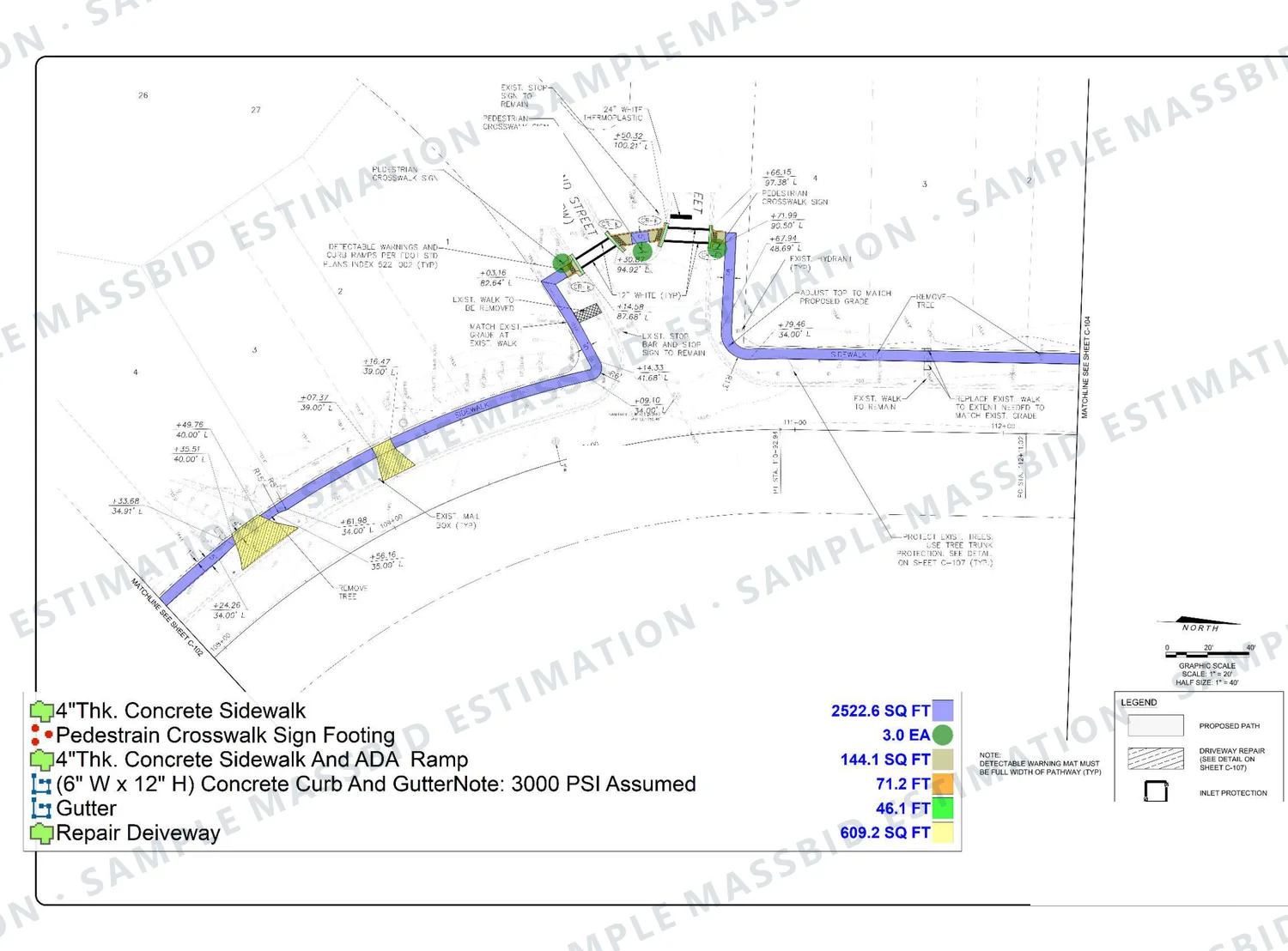 Plan of a new public sidewalk in Lake County, Florida with the walk shaded and ramps marked, and a legend listing concrete sidewalk, accessible ramps, curb and gutter and driveway repair