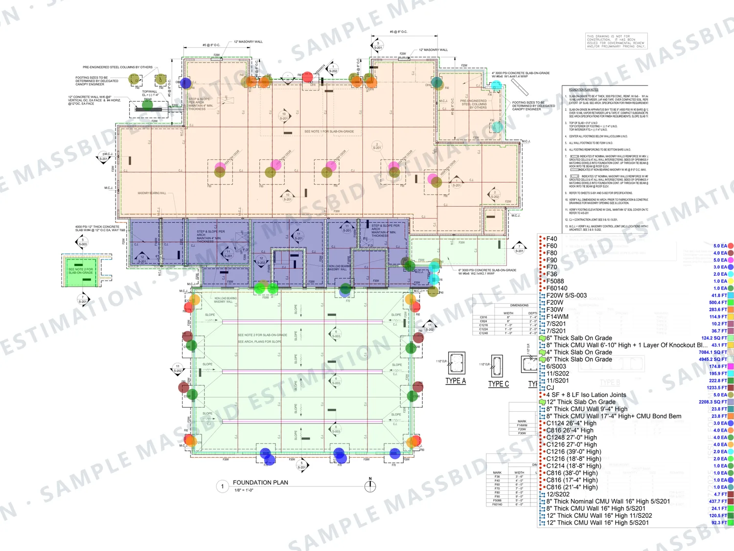 Foundation plan of a fire station in Palm Beach County, Florida with slabs shaded by thickness, footings dotted by mark and concrete block walls traced, and a legend listing each by size