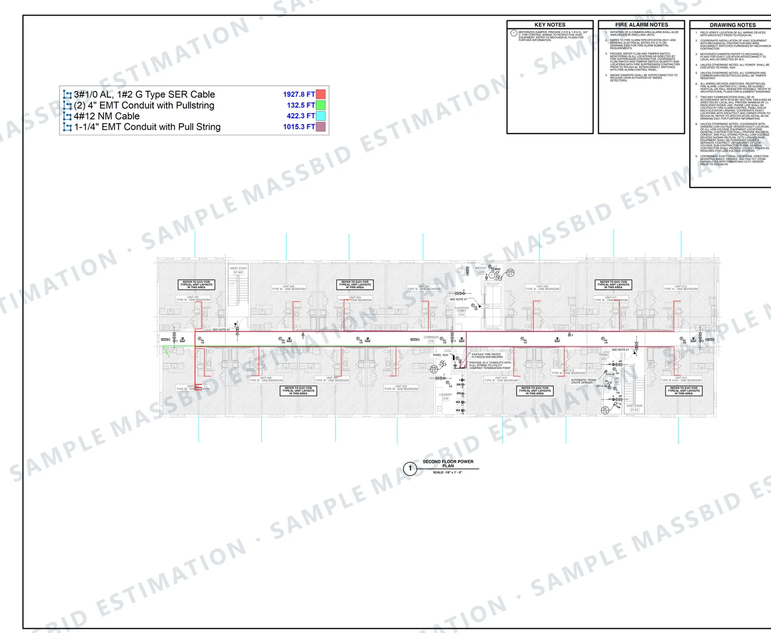 Second-floor plan of an apartment building with conduit and cable runs traced in colors and a legend listing cable and EMT conduit with pull string in linear feet, including 1,015.2 feet of 1-1/4 inch conduit