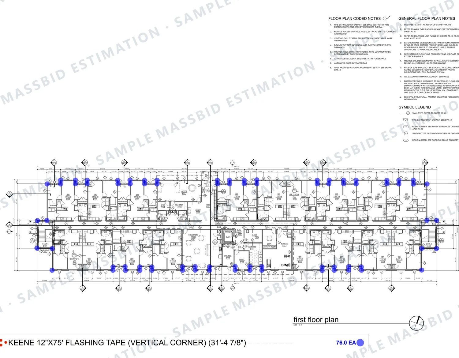 First-floor plan of an apartment building with a blue dot at every exterior corner and a legend counting 76 corners for 12 inch by 75 foot flashing tape at 31 feet 5 inches high