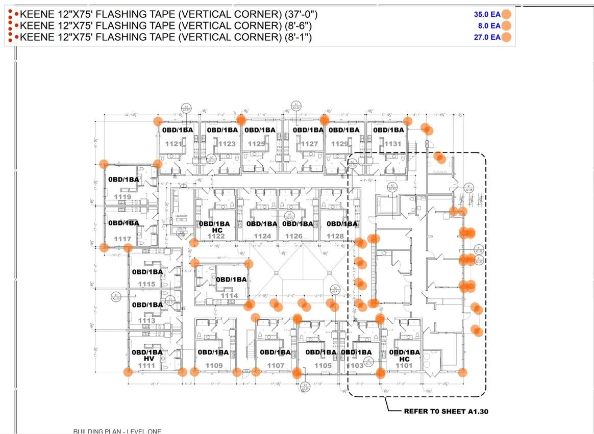 Corner flashing tape takeoff on a level-one plan: an orange dot at each exterior corner, with Keene 12 inch by 75 foot flashing tape counted by corner height of 37 feet, 8 feet 6 inches and 8 feet 1 inch