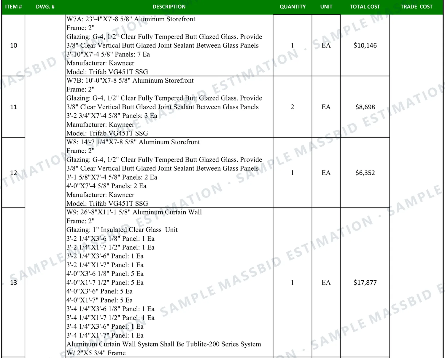 Glazing estimate sheet listing butt-glazed aluminum storefront frames and aluminum curtain wall frames by mark, each with frame depth, glazing type, a list of every panel size with its count and the framing system, with quantity, unit and total cost