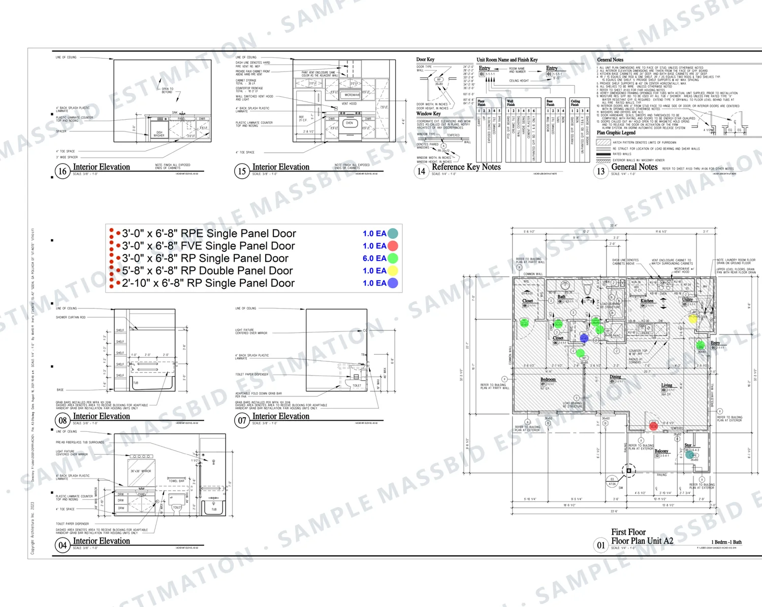 Apartment unit floor plan with each door dotted by type and a legend counting single panel and double panel doors by size