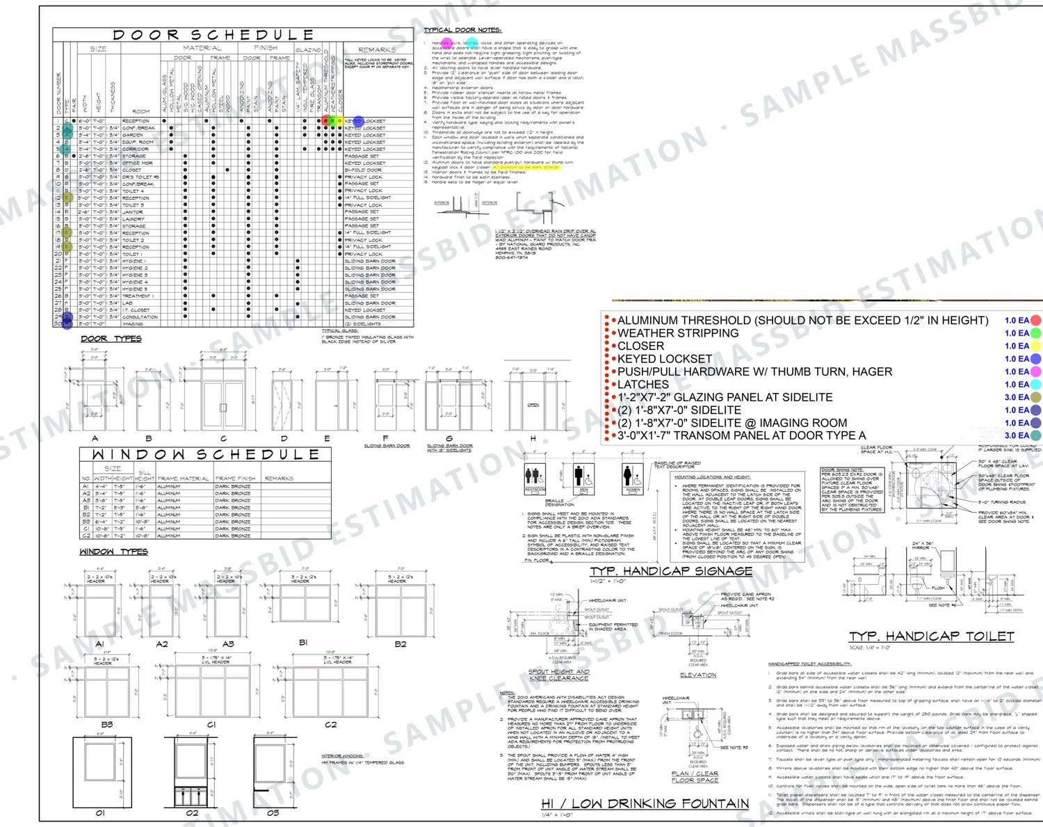 Door schedule, door types and window schedule of a dental office with doors dotted and a legend counting thresholds, weatherstripping, closers, keyed locksets, push-pull hardware, latches, glazing panels at sidelites, sidelites and a transom panel