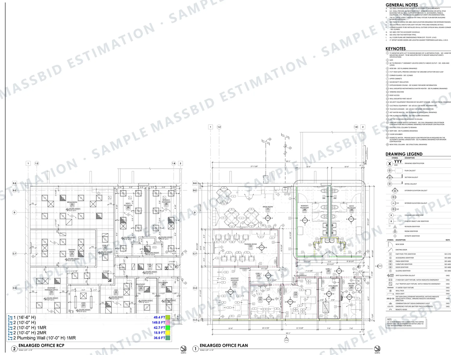 Enlarged office plan of a large retail store in Solano County, California with partitions traced and a legend listing wall types at two heights in linear feet