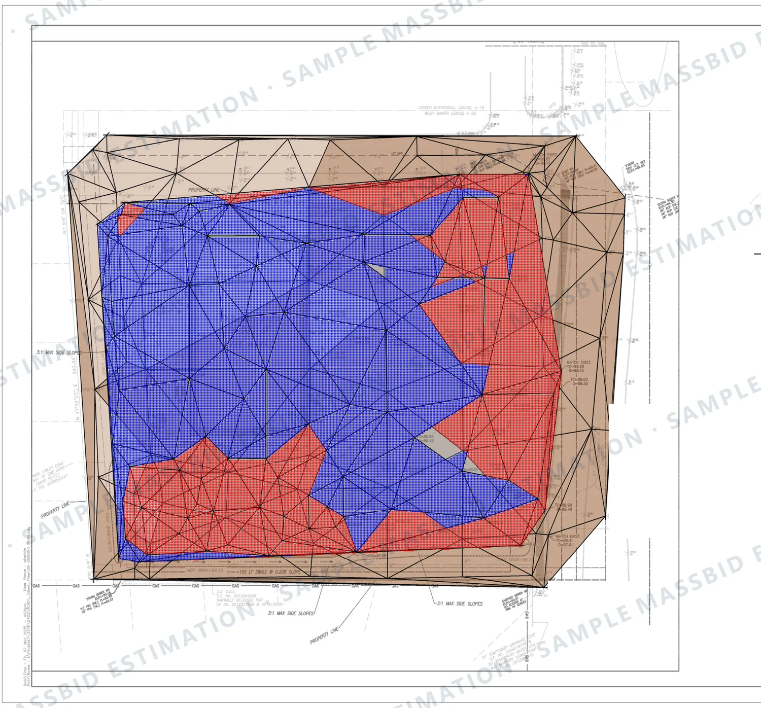Earthwork cut and fill model of a commercial building site near Houston, Texas, with fill areas shaded blue and cut areas shaded red over the grading plan