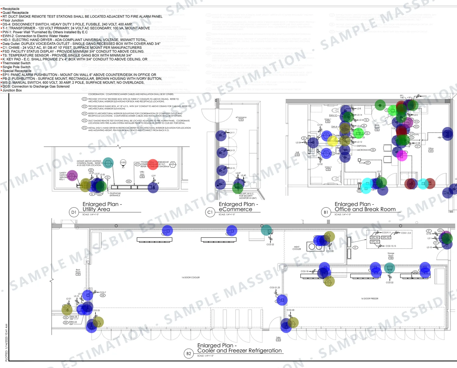 Enlarged electrical plans of a grocery store's utility area, office and break room and cooler and freezer refrigeration with colored dots on each device and a legend listing receptacles, a disconnect switch, a transformer, data outlets, panic alarm buttons and a temperature sensor