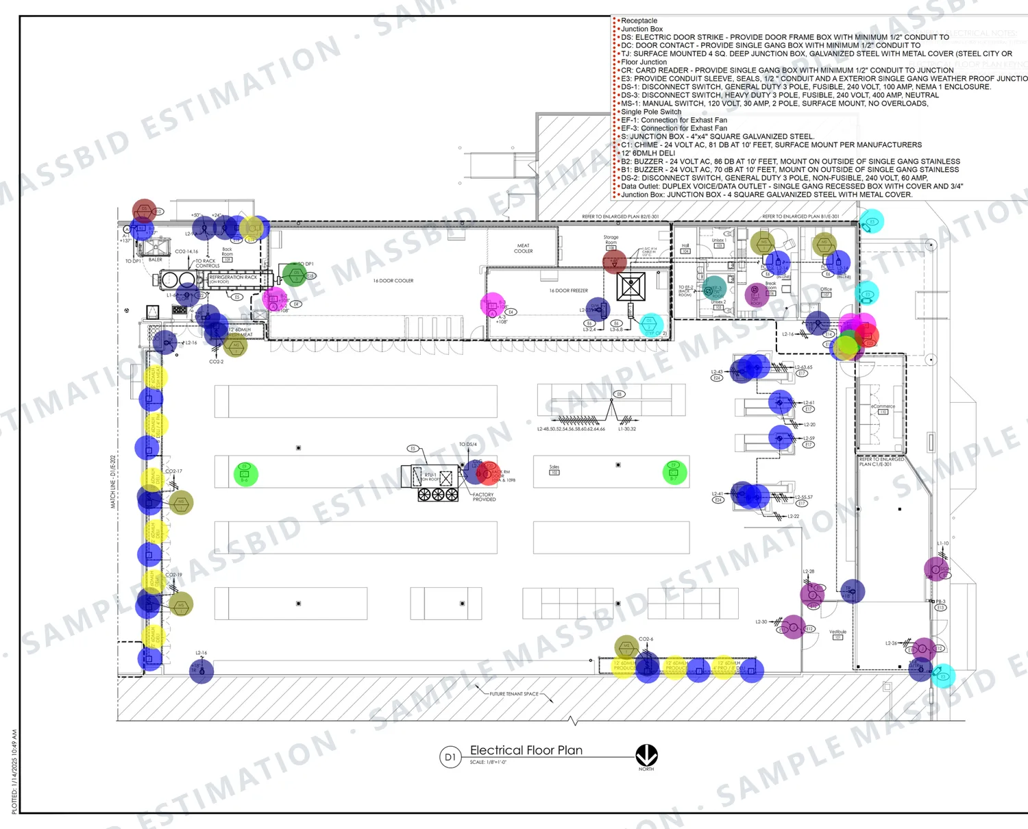 Electrical power plan of a grocery store with a colored dot on every receptacle, junction box, disconnect switch and equipment connection and a legend listing each device type, including door strikes, card readers and exhaust fan connections