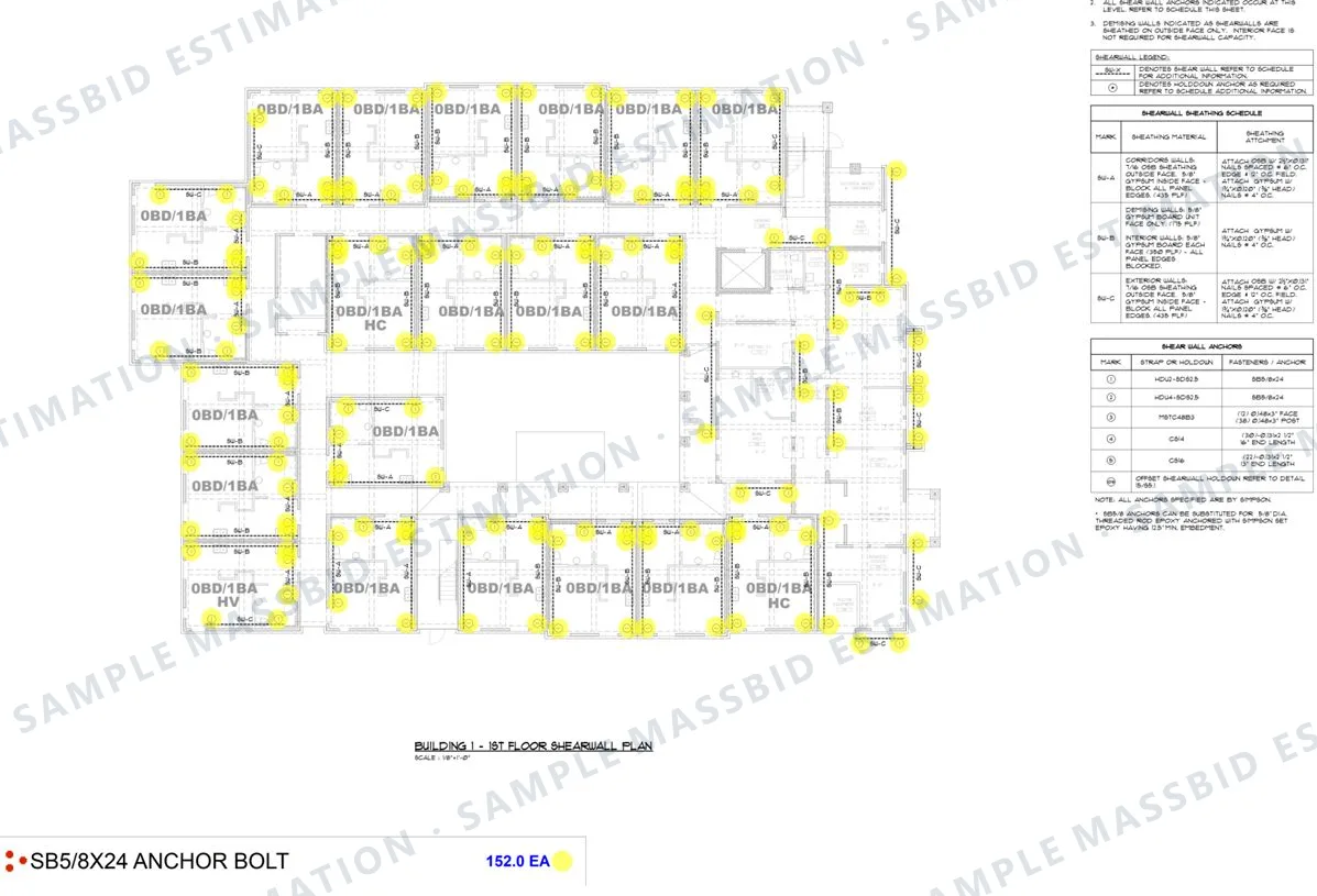 First-floor shearwall plan with a yellow dot at every anchor bolt location, a legend reading 152 each, and the shearwall and holdown anchor schedules printed on the sheet
