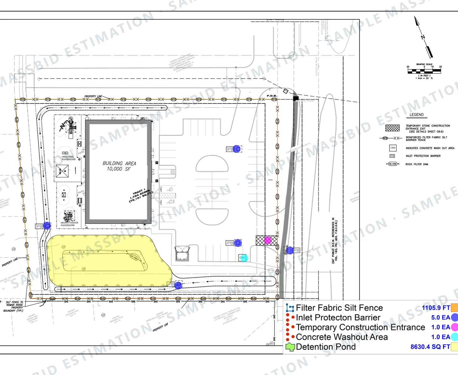 Erosion control plan of a commercial building site with silt fence traced around the perimeter, inlet protection dotted and the detention pond shaded, and a legend listing 1,105.9 feet of filter fabric silt fence, five inlet protection barriers, a temporary construction entrance, a concrete washout area and 8,630.4 square feet of detention pond