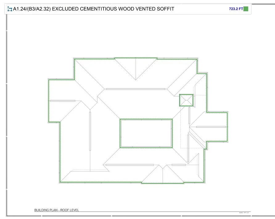 Roof plan with excluded cementitious wood vented soffit traced in green along the eaves and totaled at 723.2 linear feet