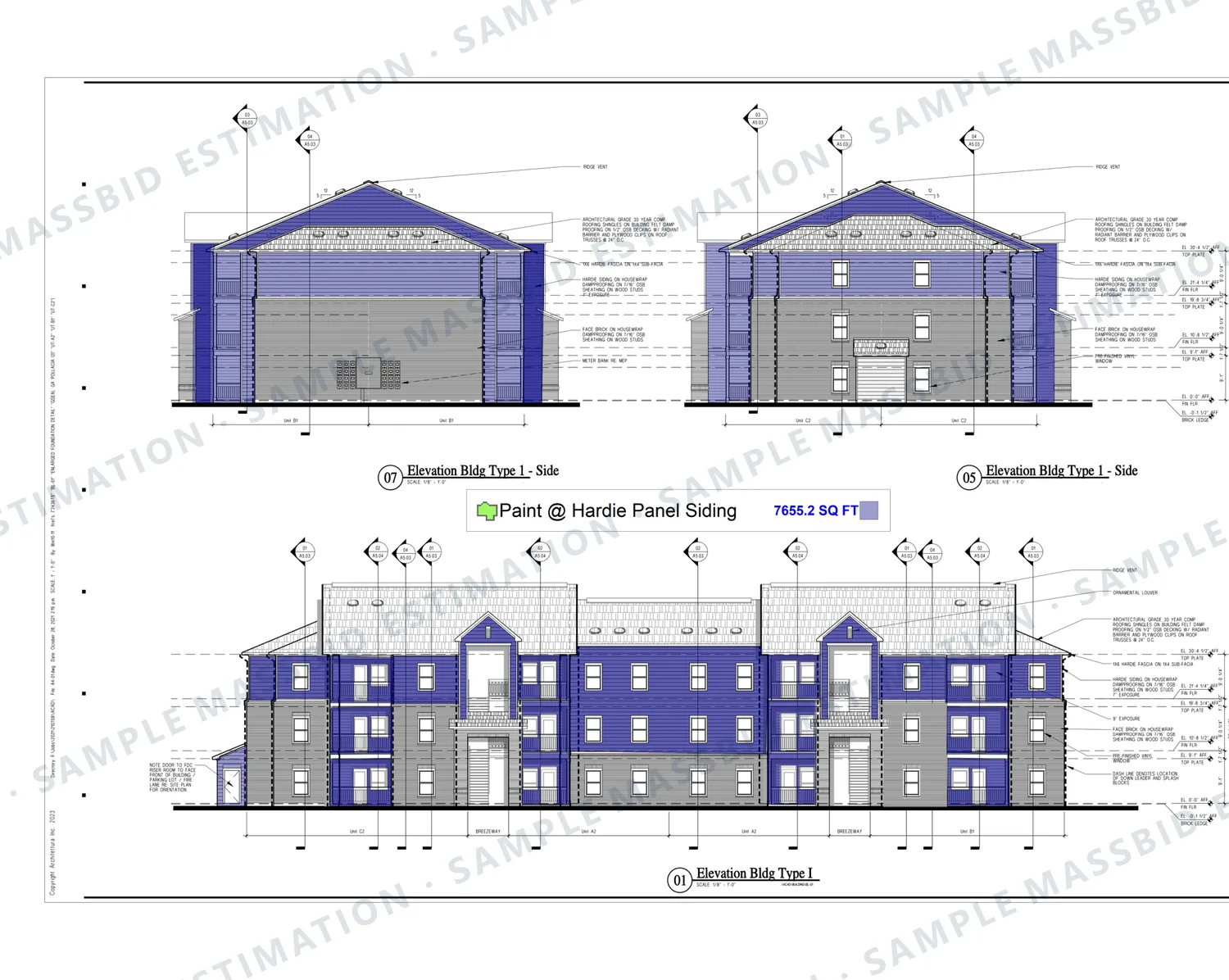 Exterior elevations of a three-story apartment building with fiber cement panel siding shaded blue and a legend listing 7,655.2 square feet of siding to paint