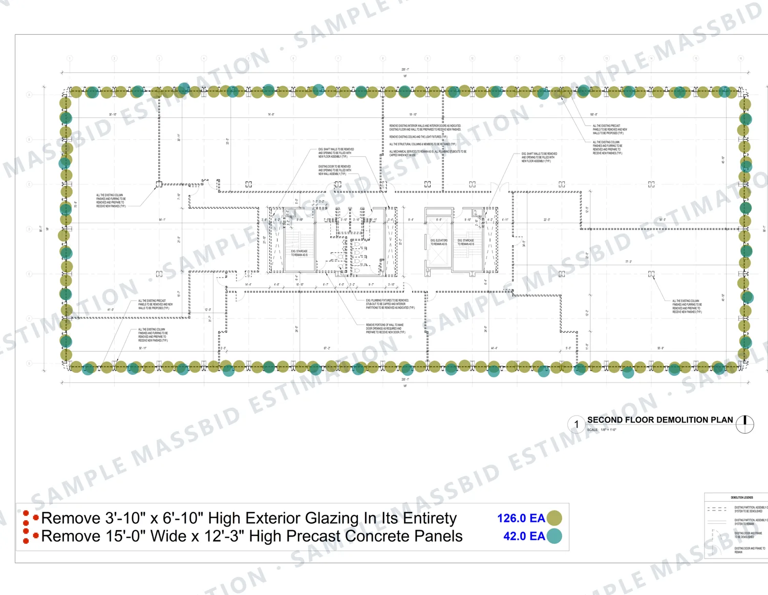 Second-floor demolition plan with every exterior window and precast panel dotted around the perimeter and a legend counting 126 exterior glazing units and 42 precast concrete panels 15 feet wide by 12 feet 3 inches high to be removed