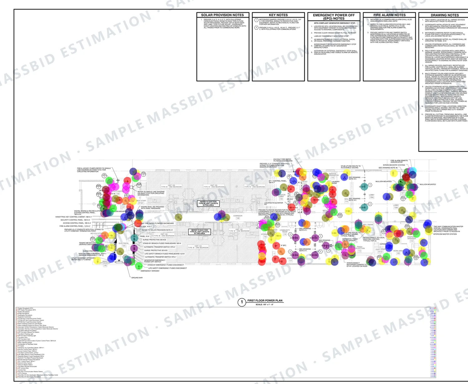 First-floor plan of an apartment building densely dotted with devices in many colors in the lobby, offices and amenity rooms, with a long legend counting each device type