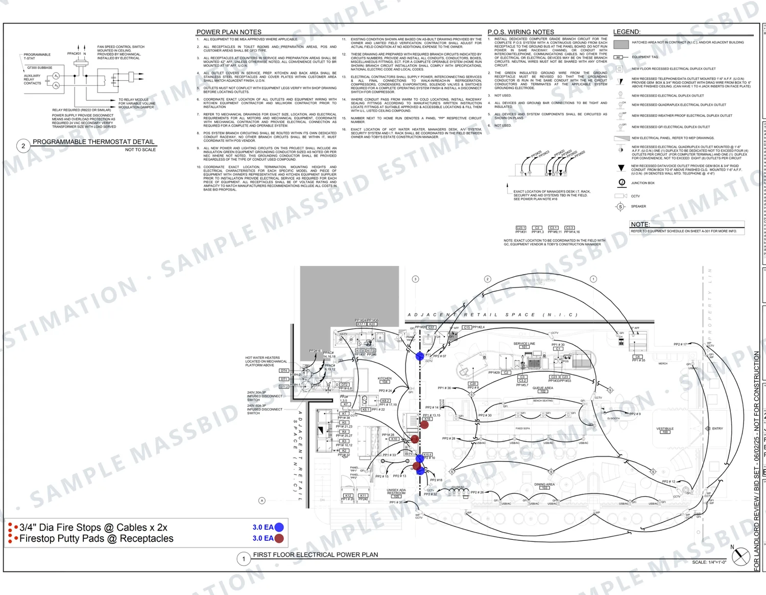 Electrical power plan of a retail tenant space with cable penetrations and receptacles in rated walls dotted and a legend listing three 3/4 inch fire stops at cables sealed on both sides and three firestop putty pads at receptacles