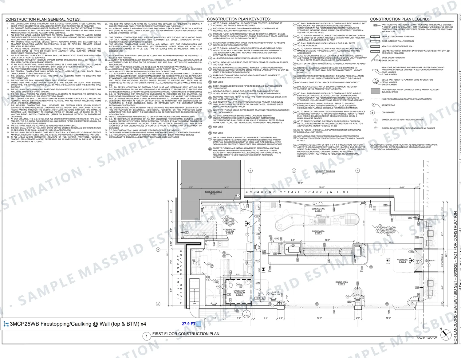 Construction plan of a retail tenant space with a two-hour rated wall traced and a legend listing 27.9 feet of firestopping caulking at the wall top and bottom on both sides