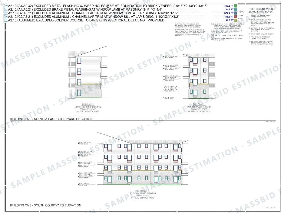 Courtyard elevations with masonry and siding flashings that belong to other trades traced in color and a legend labelling each item as excluded with its length
