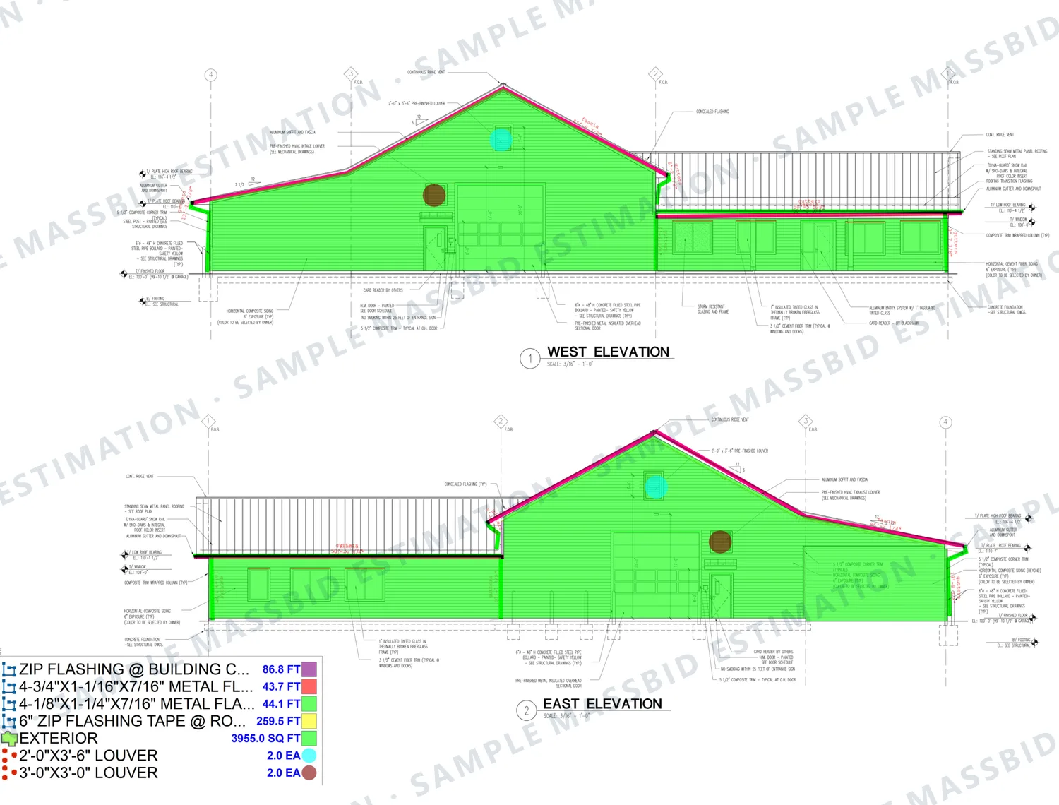 West and east elevations of a single-story operations building with the exterior wall shaded and roof-to-wall lines traced, and a legend listing flashing at building corners, metal flashing at window and door heads, 259.5 feet of six-inch flashing tape at the roof-to-wall joint, 3,955 square feet of exterior wall and louvers counted