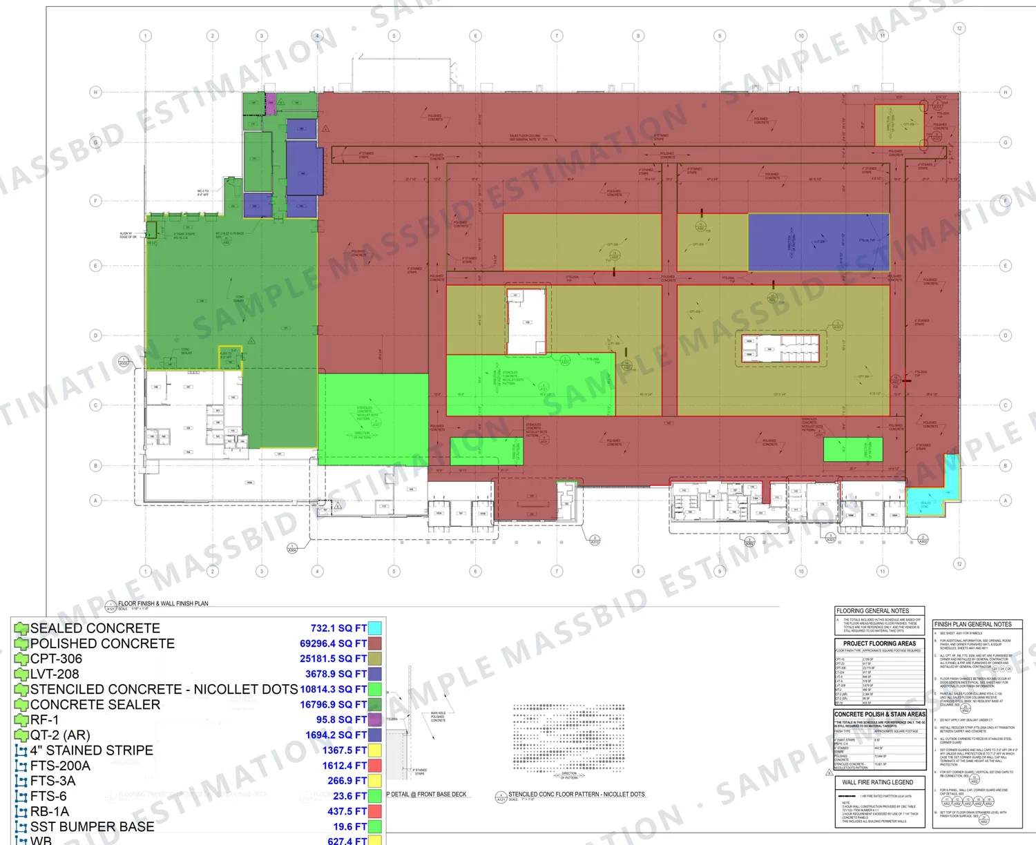 Floor finish plan of a large retail store in California with polished concrete, carpet and LVT areas shaded in separate colors and a legend listing each in square feet