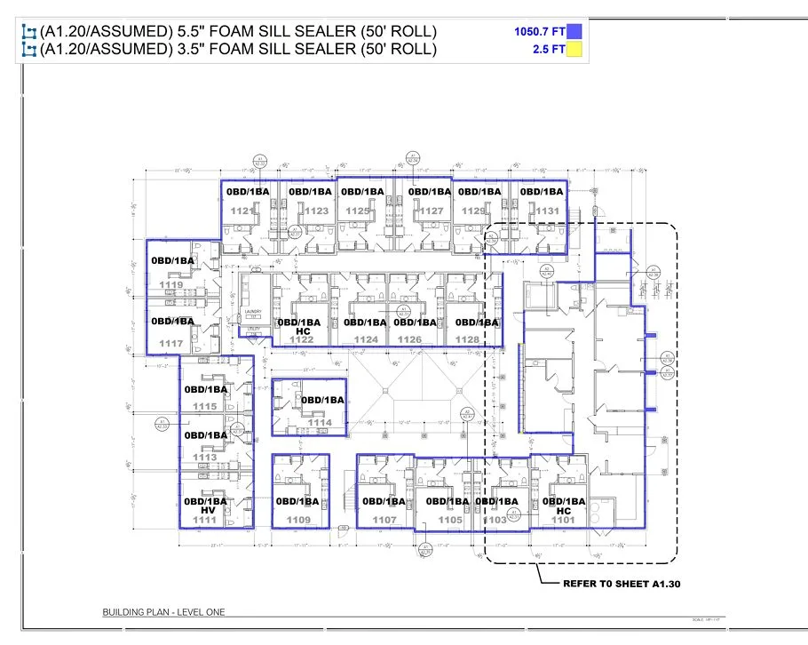 Foam sill sealer takeoff on a level-one multifamily building plan: 5.5 inch sealer traced in blue at 1,050.7 feet and 3.5 inch sealer in yellow at 2.5 feet