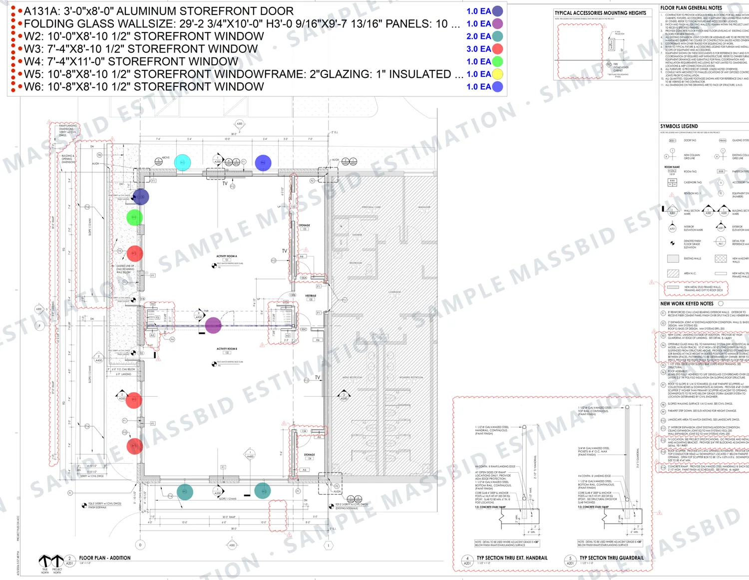 Floor plan of a senior center addition with openings dotted and a legend counting an aluminum storefront door, a folding glass wall 29 feet 2 inches wide by 10 feet high with ten panels, and five storefront window marks