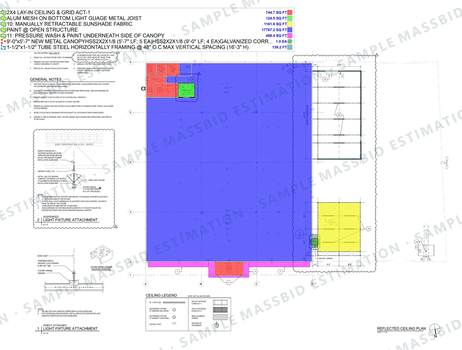 Reflected ceiling plan of a retail store renovation with ceiling areas shaded by type and a legend listing 17,767 square feet of paint at open structure, 744.7 square feet of lay-in acoustical ceiling, retractable sunshade fabric and steel framing in linear feet