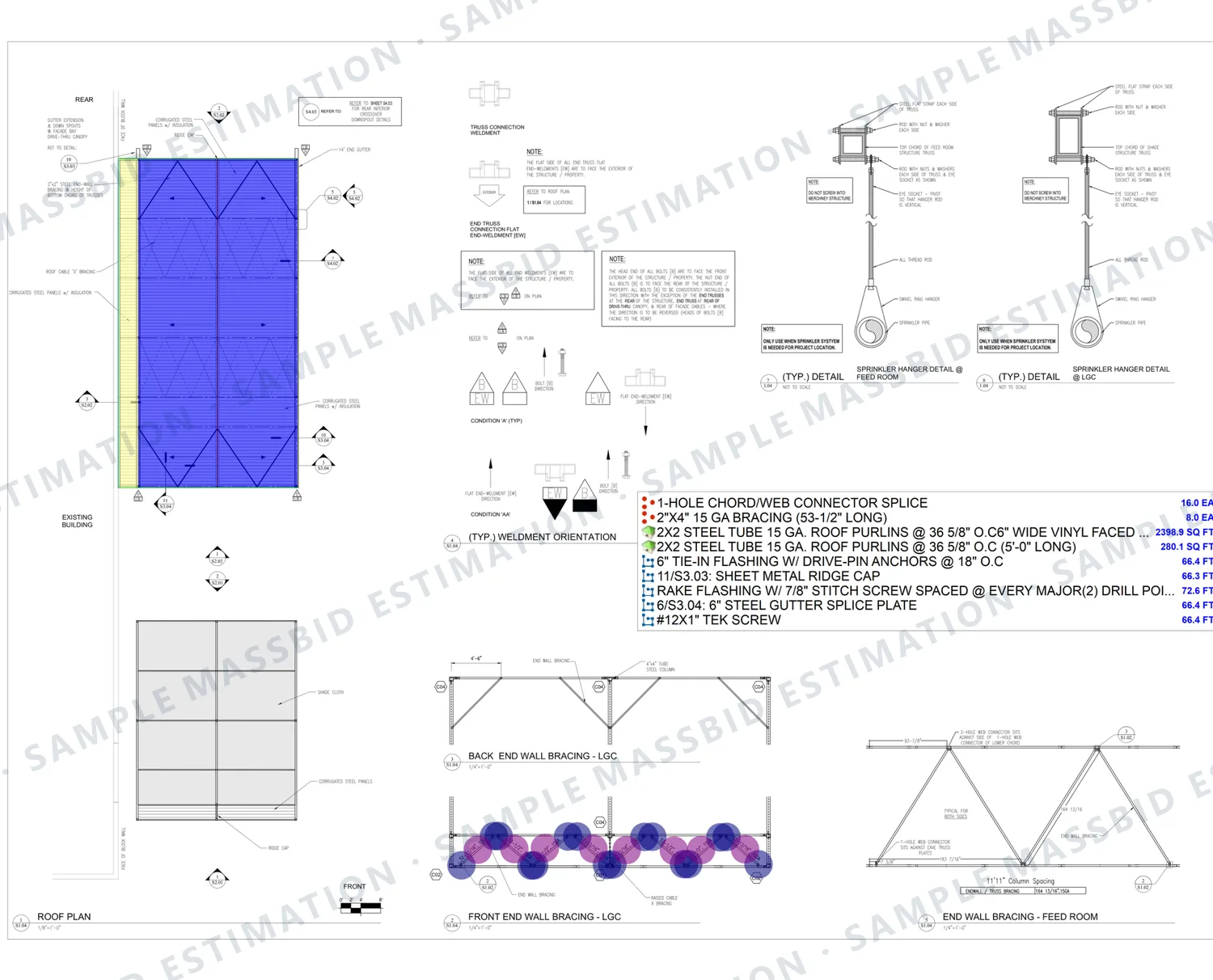 Roof plan and bracing details of a steel shade structure with the roof area shaded and a legend listing roof purlins, bracing, tie-in flashing, ridge cap, rake flashing and connector plates by square feet, linear feet and count