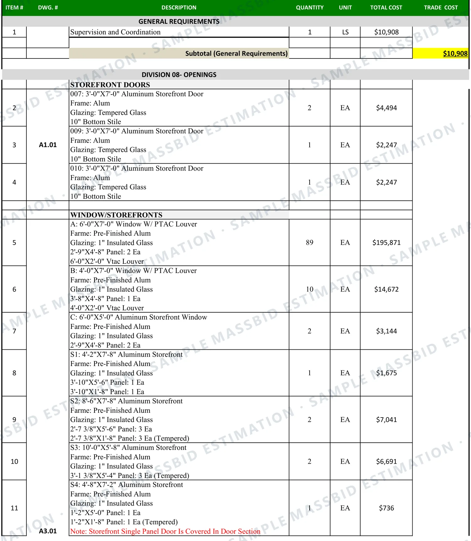 Glazing estimate sheet listing aluminum storefront doors, windows with PTAC louvers and storefront units, each with its size, frame, glazing type and panel sizes, quantity, unit and total cost