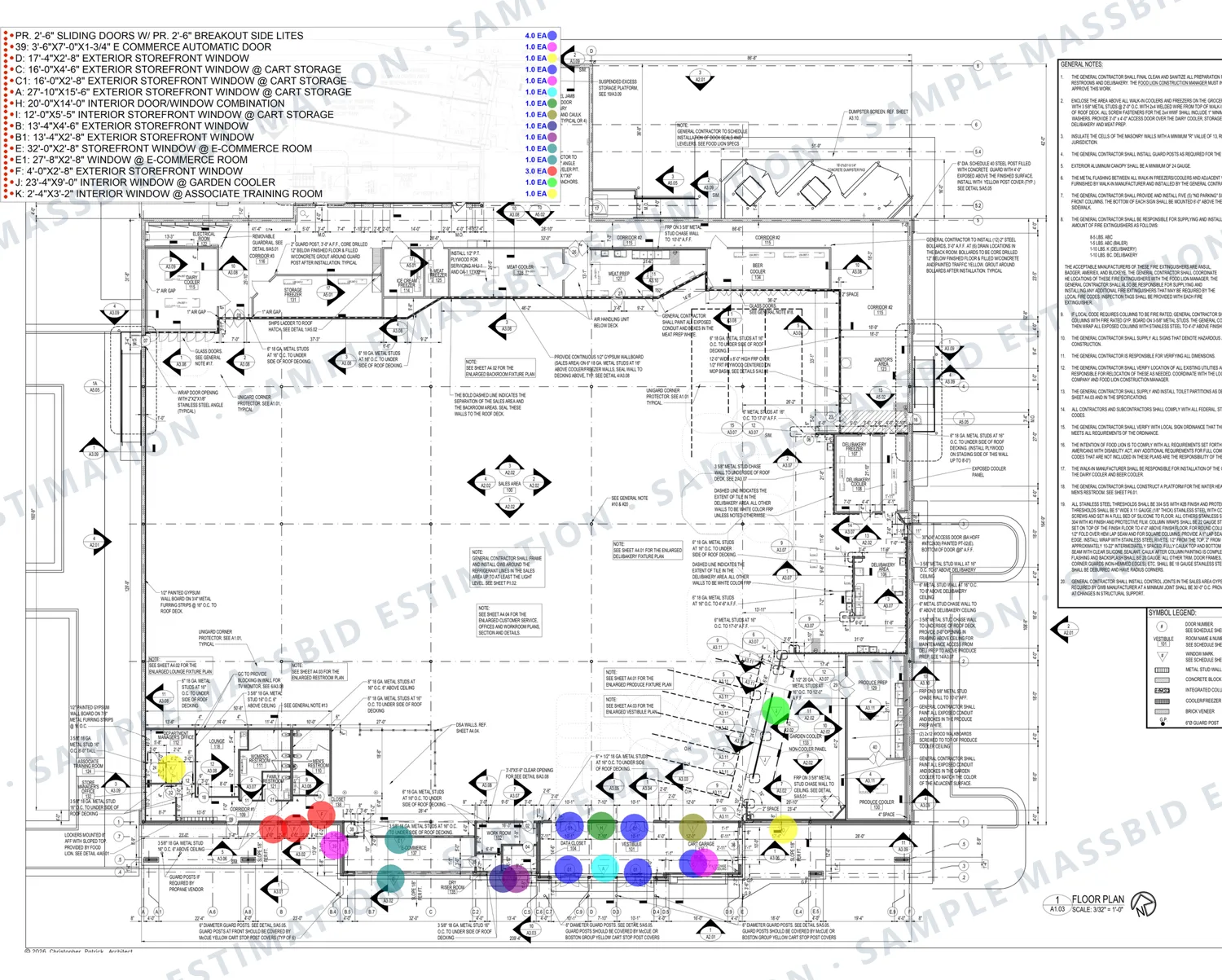 Floor plan of a grocery store with storefronts, sliding doors and interior windows dotted along the front and a legend listing each by mark and size, including storefront at the cart storage and an interior window at the garden cooler