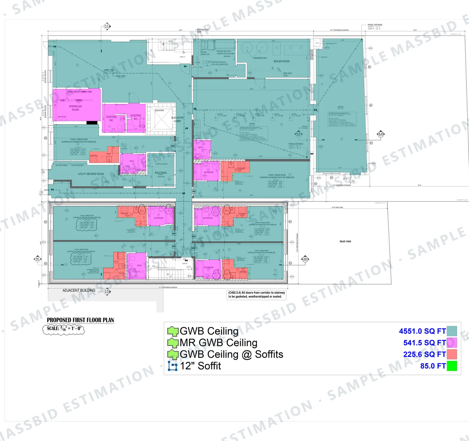 First-floor plan of a building with gypsum board ceilings shaded by type and a legend listing 4,551 square feet of gypsum board ceiling, 541.5 square feet of moisture-resistant ceiling, 225.6 square feet of ceiling at soffits and 85 feet of 12 inch soffit