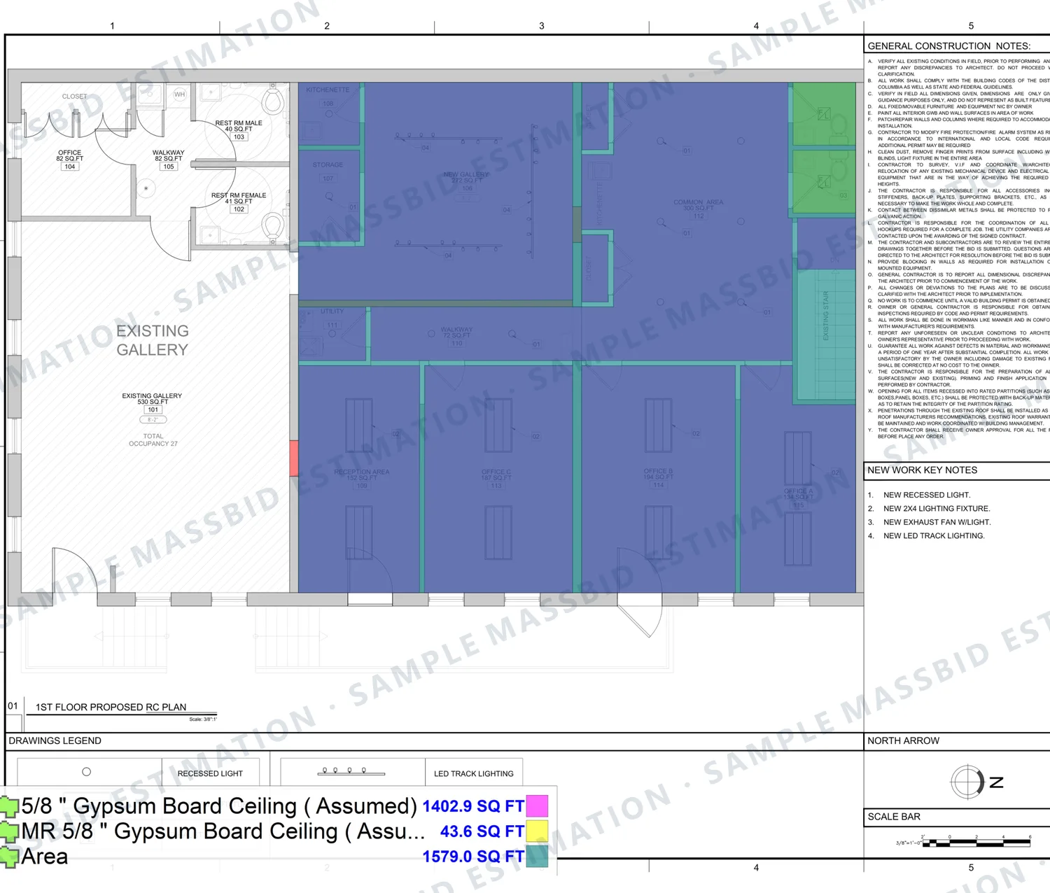 Proposed reflected ceiling plan of a first-floor office in Washington DC with gypsum board ceiling shaded and moisture-resistant ceiling areas in a second color, with a legend listing each in square feet