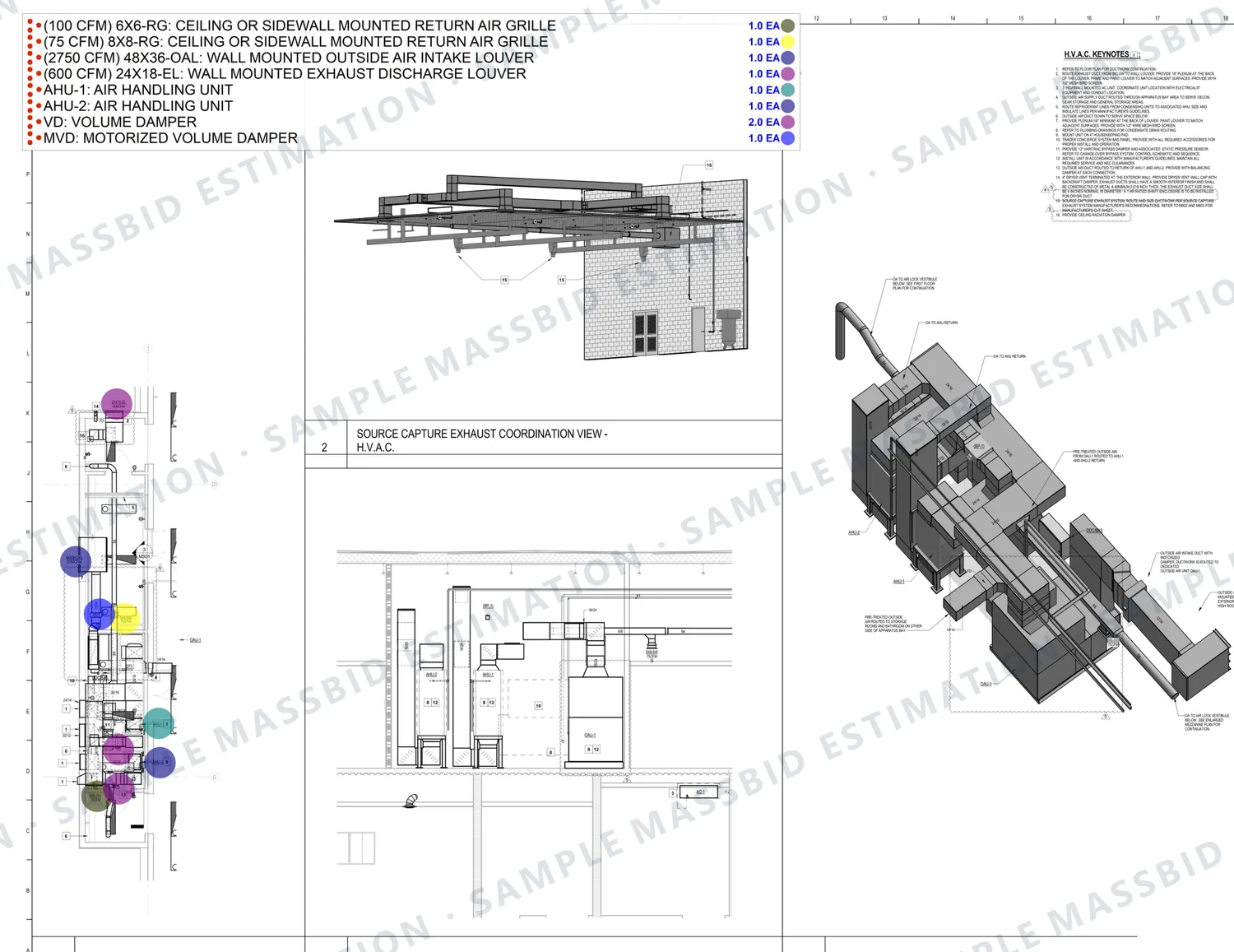 Enlarged mechanical mezzanine plan, elevation and three-dimensional view of a fire station's HVAC and source-capture exhaust system with a legend counting return grilles, intake and exhaust louvers, two air handling units, volume dampers and a motorized damper