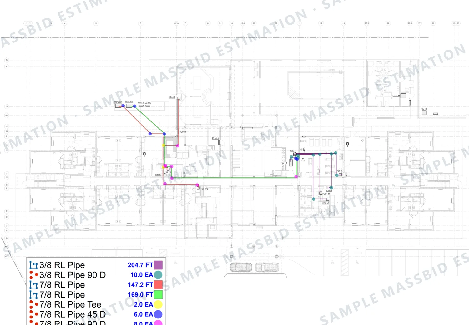 Hotel floor plan with refrigerant line sets traced in separate colors from the condensing units to the fan coil units and a legend listing 3/8 inch and 7/8 inch refrigerant pipe in linear feet with tees and elbows counted