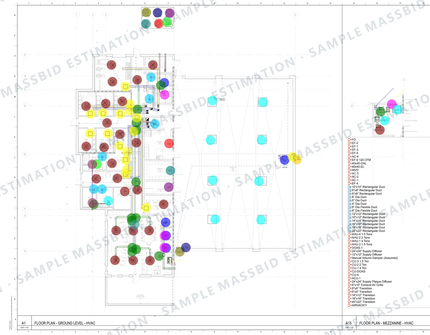 Ground level HVAC plan of a fire station in Orange County, Florida with ductwork traced by size, air devices and exhaust fans dotted, and a legend listing equipment, duct sizes and diffusers