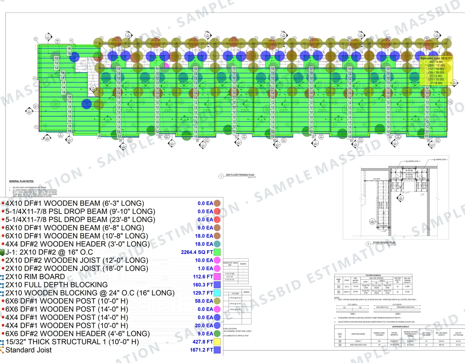 Floor framing plan of a multi-unit residential building with the joist area shaded and posts and beams dotted, and a legend listing 2x10 joists at 16 inches on center by area, wood and PSL beams, headers, 6x6 and 4x4 posts, rim board and blocking