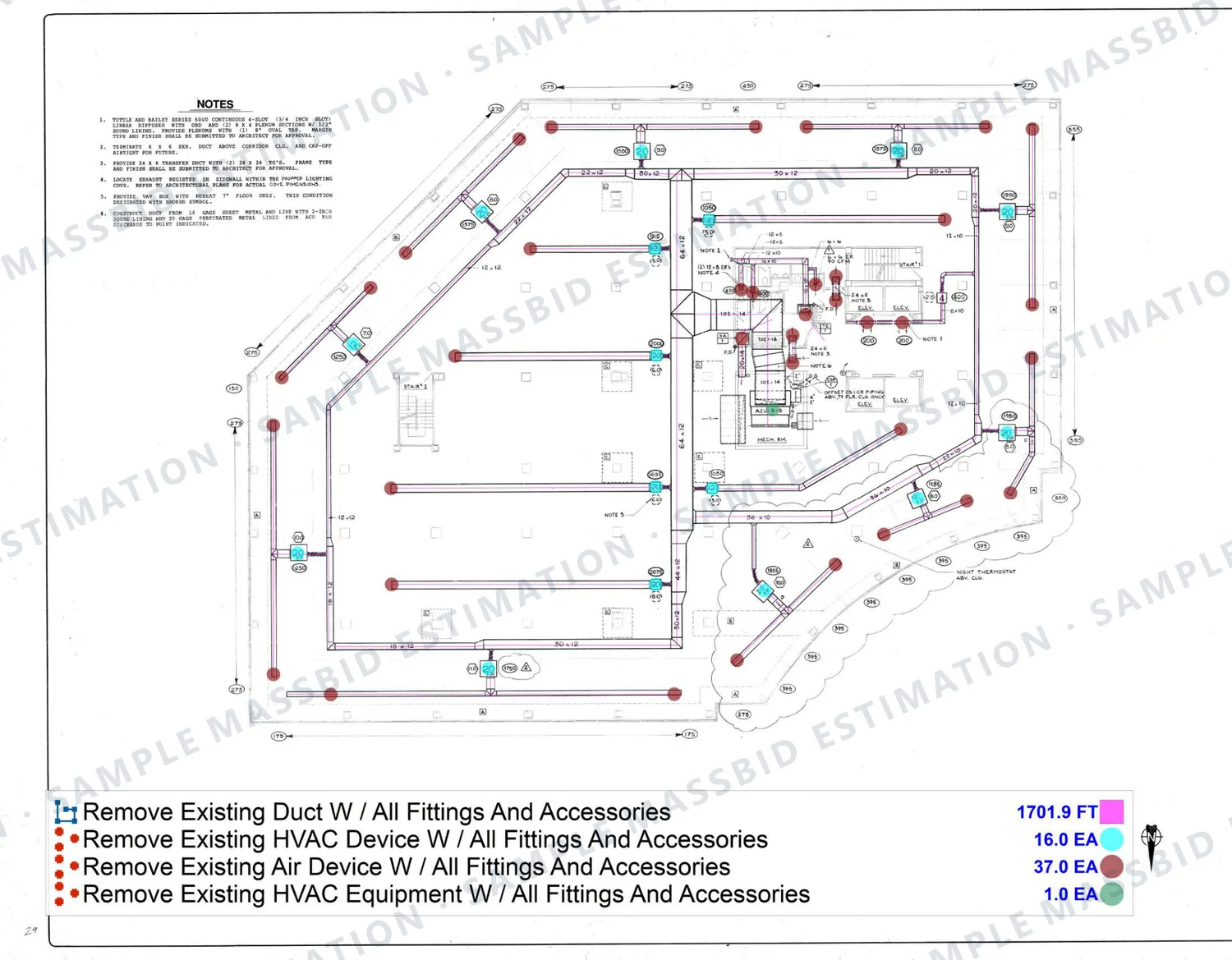 Typical floor mechanical plan of an office building with existing ductwork traced and devices dotted, and a legend listing 1,701.9 feet of duct, 16 HVAC devices, 37 air devices and one piece of HVAC equipment to be removed