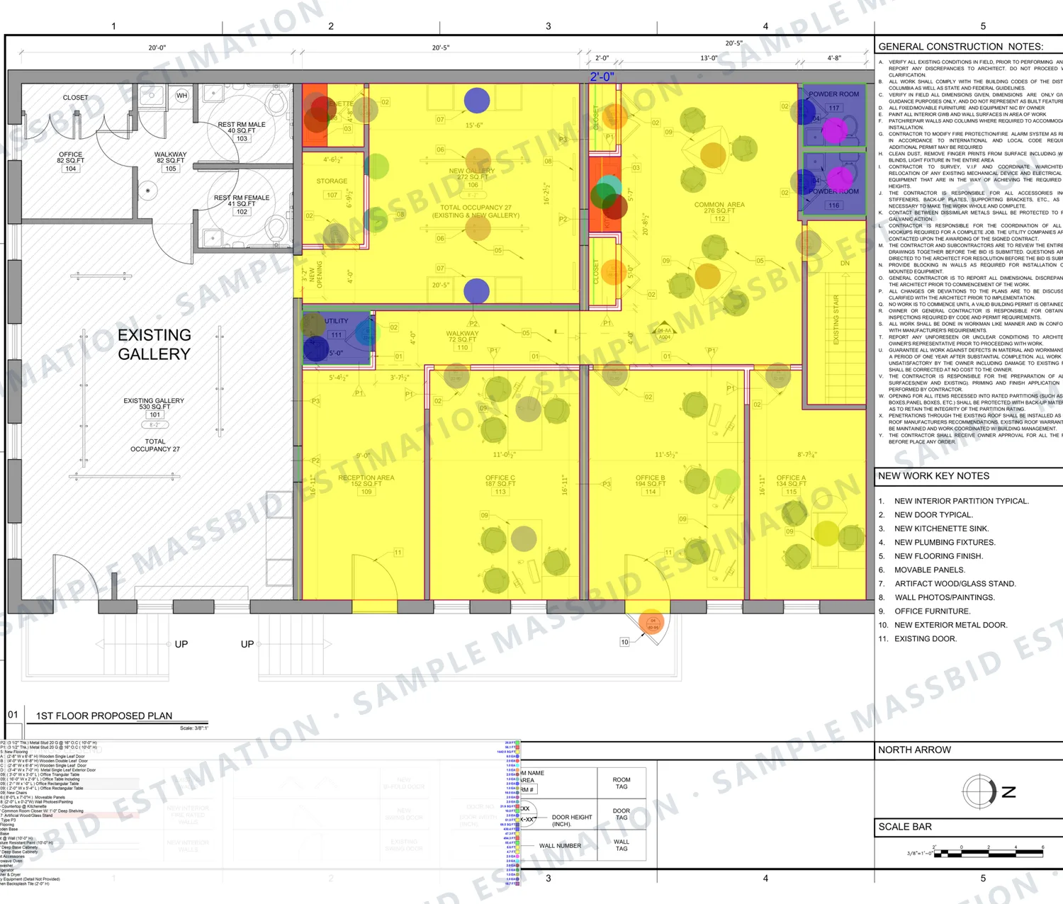 Proposed first-floor plan of an office in Washington DC with new flooring shaded, new partitions traced and doors, cabinets and fixtures dotted, with a legend listing each item