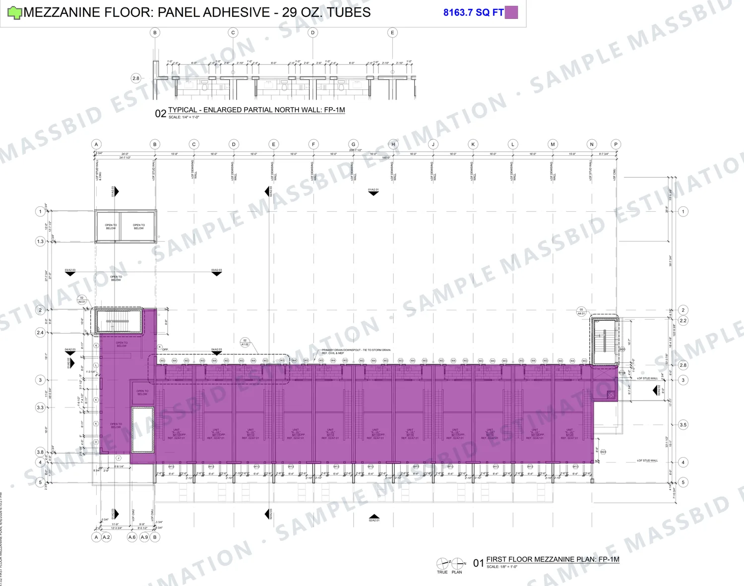 Mezzanine floor plan of a mid-rise apartment building in Dallas, Texas with the floor deck area shaded purple and a legend listing 8,163.7 square feet for panel adhesive