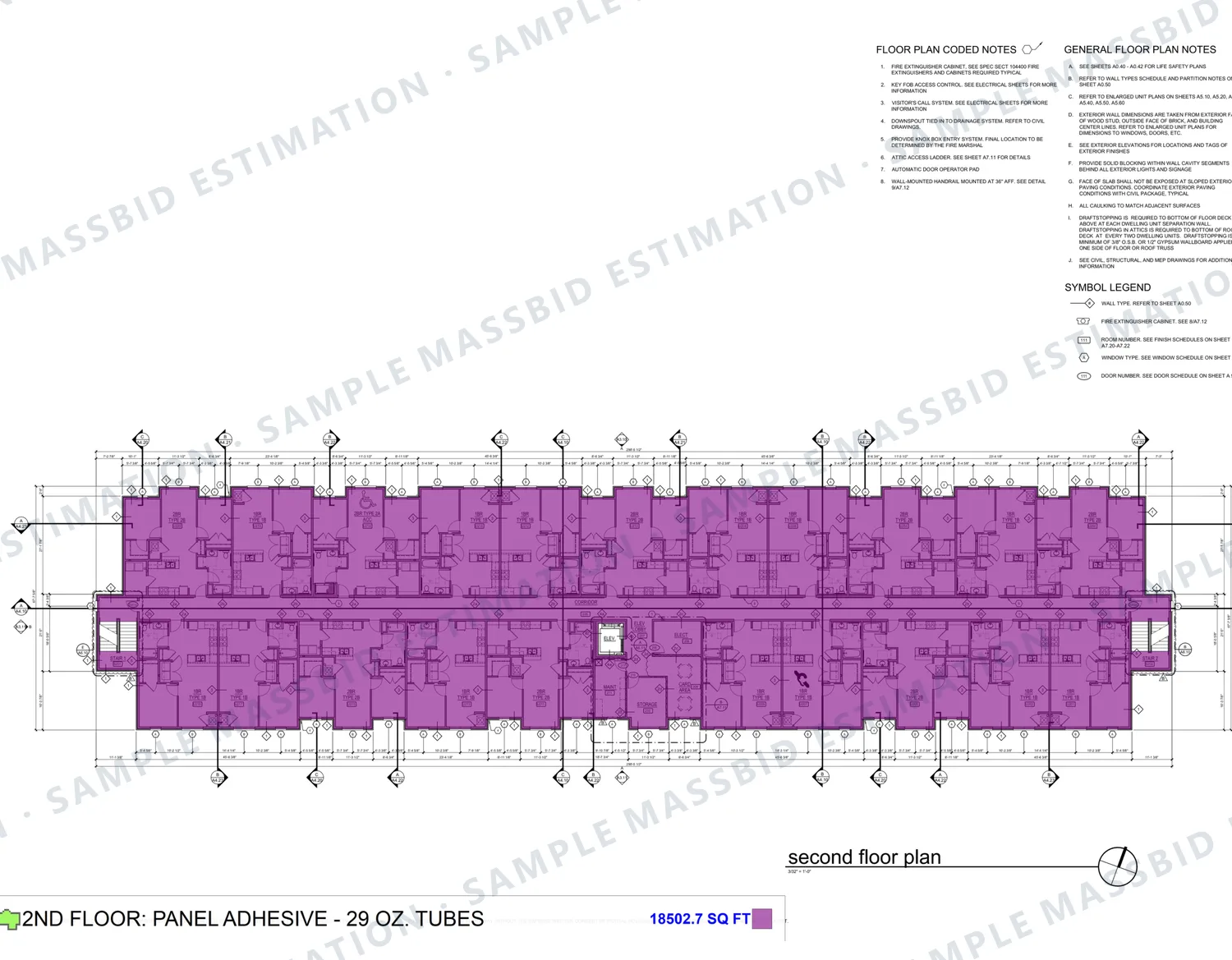 Second-floor plan of an apartment building with the whole floor shaded purple and a legend reading 18,502.7 square feet of panel adhesive in 29 ounce tubes