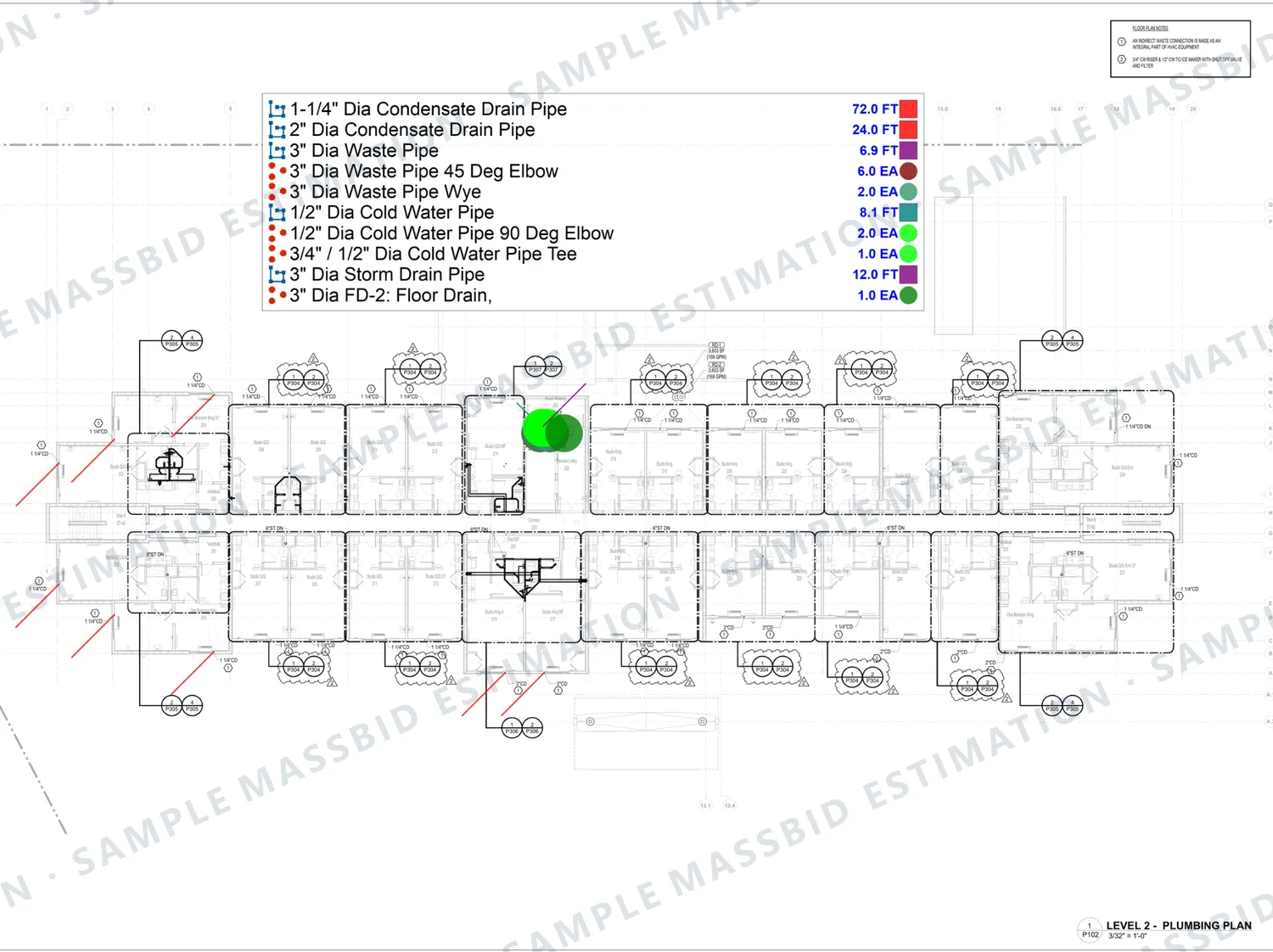 Second-floor plumbing plan of a hotel with a legend listing condensate drain, waste, cold water and storm drain pipe in linear feet by diameter, with elbows, wyes, tees and a floor drain counted individually